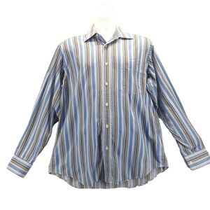 Bugatchi Uomo Mens Button Down Shirts Blue White Striped Flip Cuffs Size L